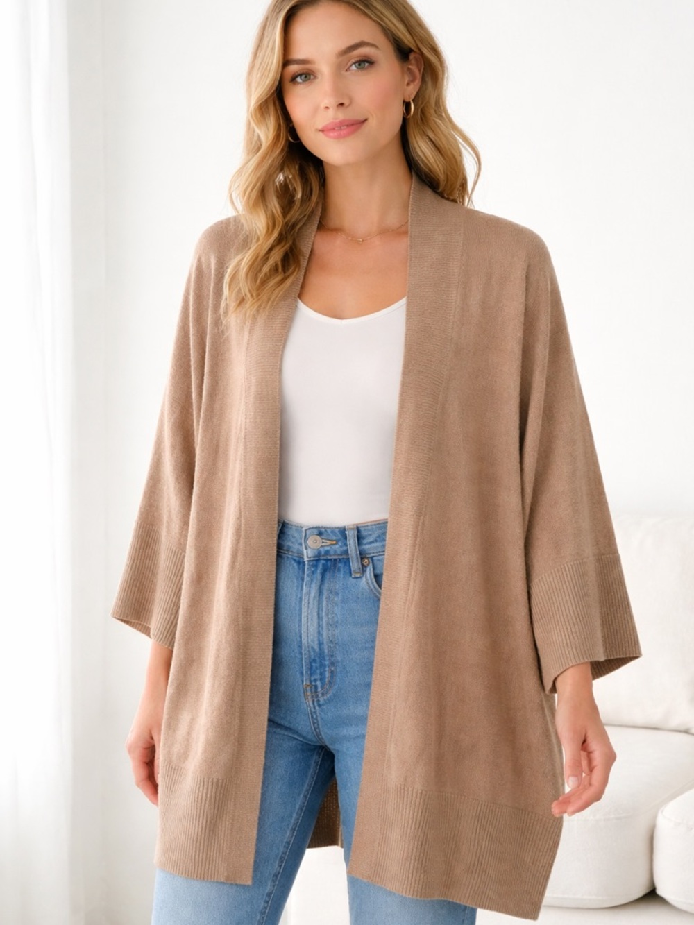 The Limited Womens Taupe Open Front Sweater Cardigan Minimalist Chic